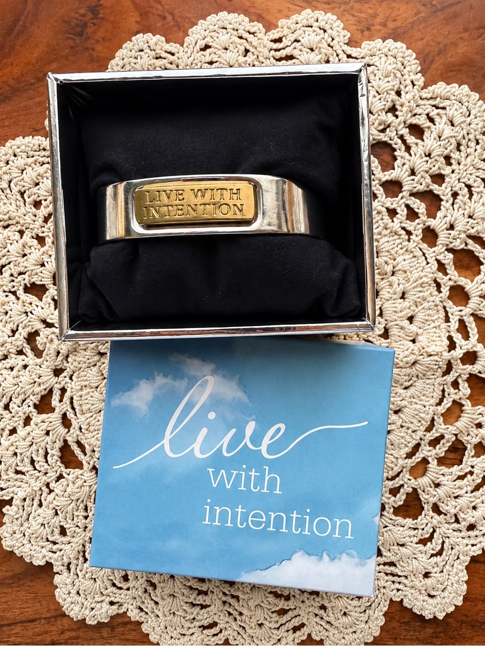 Rustic Cuff “Live With Intention” Silver/Gold Inspirational Cuff Bracelet w Box